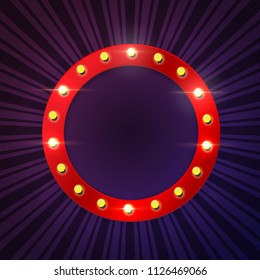 Round red bulb frame on blue stripes background. Vector template.
