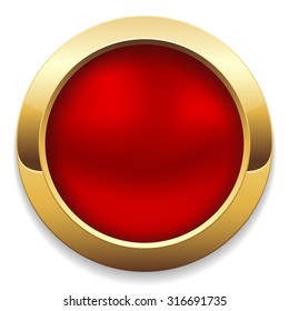 Round red button with gold border on white background