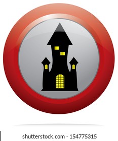 Round red button with halloween castle icon. Isolated vector illustration.