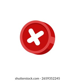 Round red button icon with white X symbol in cartoon style. Suitable for errors, denials, close buttons, or warning alerts.