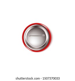 Round red button pin - back view. Realistic mockup of the backside of a plastic circle brooch with metal needle and fastening wire hook, isolated vector illustration on white background