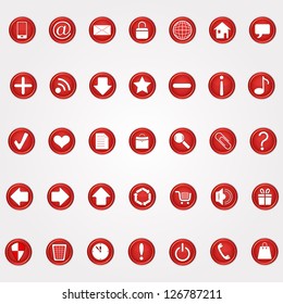 Round red button set isolated on white background.