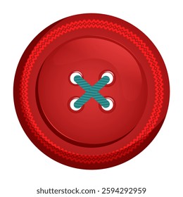 Round red button for sewing onto clothing by sewing on with thread. Vector illustration cartoon style.