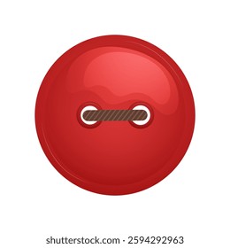 Round red button for sewing onto clothing by sewing on with thread. Vector illustration cartoon style.