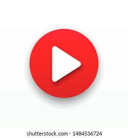 Round red button and white arrow. Web play button template with shadow. Vector illustration. EPS 10