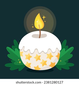 Round red candle with gold stars. Christmas burning candle. Vector illustration.