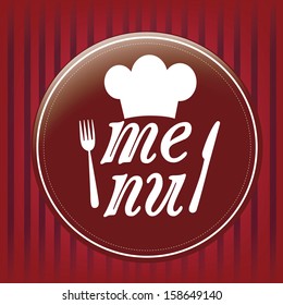 a round red circle with some white silhouettes and text in a striped background for menu