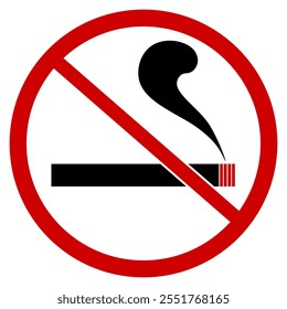 Round red crossed-out cigarette sign, smoking prohibited. EPS vector illustration.