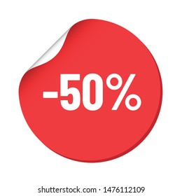 round red discount sticker. bent label isolated on white background. discount minus 50 percent off. illustration for promo advertising discounts