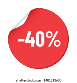 round red discount sticker. bent label isolated on white background. discount minus 40 percent off. illustration for promo advertising discounts