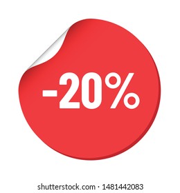 round red discount sticker. bent label isolated on white background. discount minus 20 percent off. illustration for promo advertising discounts