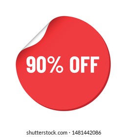 round red discount sticker. bent label isolated on white background. discount 90 percent off. illustration for promo advertising discounts