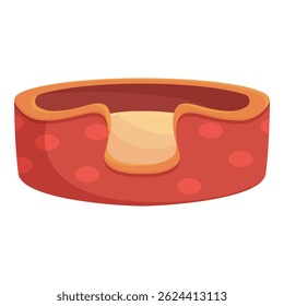Round red empty dog bed with yellow pillow is waiting for sleeping puppy on white background