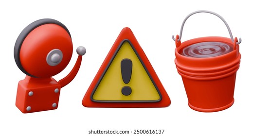 Runde rote Feuermeldeglocke, Metalleimer mit Wasser, dreieckiges Zeichen Aufmerksamkeit, Gefahr
