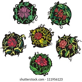 Round red flower designs. Set of color vector illustrations.