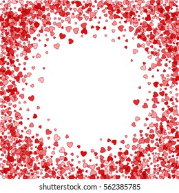 Round red frame or border of random scatter hearts. Design element for festive banner, greeting card, postcard, wedding invitation, Valentines day and save the date card. Vector illustration.