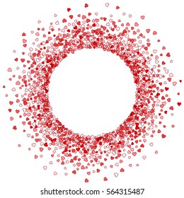 Round red frame or border of random scatter hearts. Design element for festive banner, greeting card, postcard, wedding invitation, Valentines day and save the date card. Vector illustration.