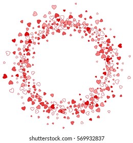 Round red frame or border of random scatter hearts. Design element for festive banner, greeting card, postcard, wedding invitation, Valentines day and save the date card. Vector illustration.