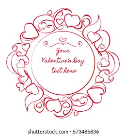 Round red frame on white background. Romantic ornament with hearts, swirls and petals for valentines day cards, wedding decoration, invitations.