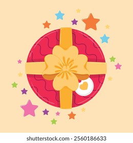 Round red gift box with golden bow and ribbon design Vector