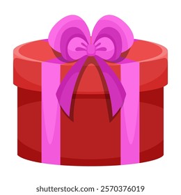 Round red gift box with pink bow. Vector illustration of cartoon flat cute color present isolated on white background. Christmas or birthday present, anniversary or Valentine`s day gift box.