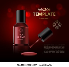 Round red glossy nail polish bottle with black cap. Realistic packaging mockup template. Front view. Vector illustration.