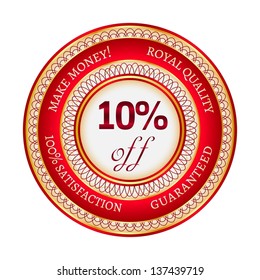 Round red and gold sticker or label on 10 percent discount
