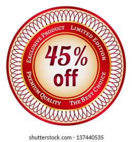 Round red and gold sticker or label on 45 percent discount