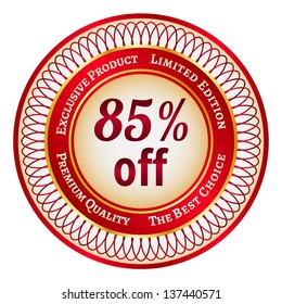 Round red and gold sticker or label on 85 percent discount