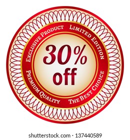 Round red and gold sticker or label on 30 percent discount