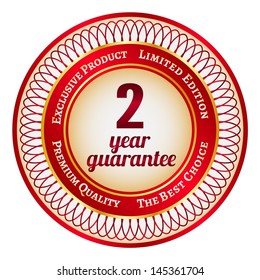 Round red and gold sticker or label on 2 year guarantee