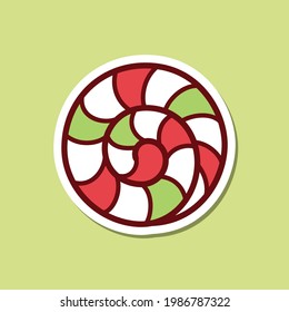 Round red and green striped peppermint candy with white outline cartoon vector illustration. Sticker, patch, clip art design