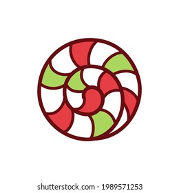 Round red and green striped peppermint candy cartoon vector illustration. Sticker, patch, clip art design