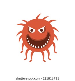 Round Red Hairy Aggressive Malignant Bacteria Monster With Sharp Teeth And Many Legs Cartoon Vector Illustration