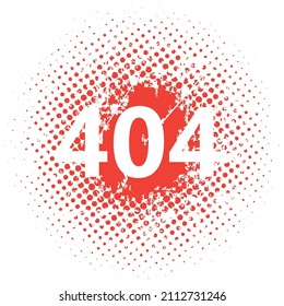 Round red halftone with inscription 404 design flat style vector illustration, isolated on white. Website loading error, no access to site due to technical reasons