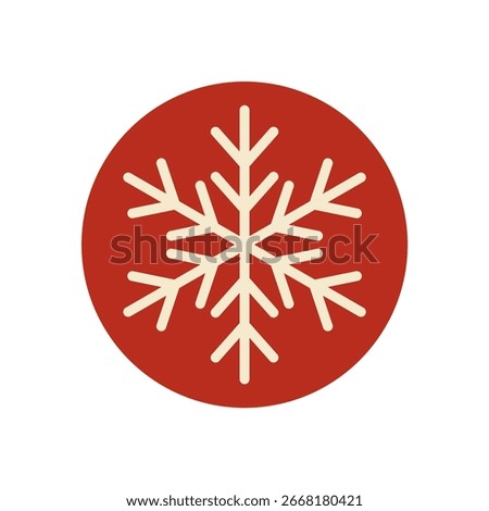 Round red label with white snow flake outline. Winter ornament for christmas holiday box or tag. Simple element in flat style as festive xmas sticker with decorative shape and seasonal theme.