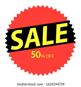 Round red label with yellow text about fifty percent sale. Vector square illustration for shop and goods.