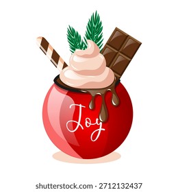 Round Red Mug or Cup Design with Cream, Fir Branch, Chocolate Piece, and Christmas Candy. Print Design for Christmas and New Year's with Hot Chocolate Coffee and Tea. Christmas Element Sticker Pattern