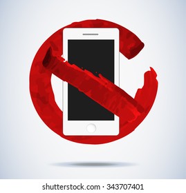Round red no mobile phone icon vector isolated, no cell phones, flat symbol, smartphone on white background