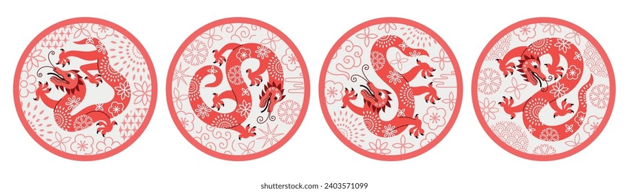 Round red patterned dragons. Zodiac mythical animals, chinese astrological new year symbols, decorative horoscope compositions, vector set.eps
