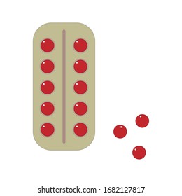 Pastillas redondas rojas en blíster. Tratamiento de neumonía y coronavirus COVID-19. Medicamentos farmacéuticos. Terapia antibiótica. Medicina. Vitaminas de medicamentos. Ilustración vectorial aislada en blanco.