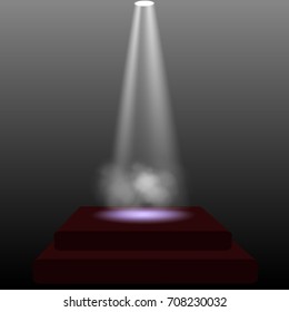 Round red podium illuminated by spotlights. Vector Illustration.