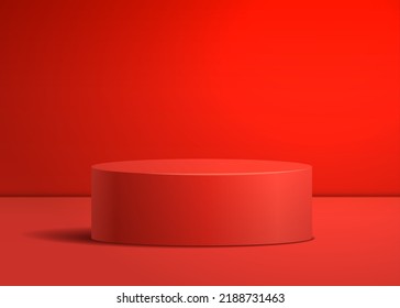 Round red podium. Pedestal or platform background for cosmetic product presentation. Blank product stand background showcase in pastel pink color. Realistic 3d vector mock up