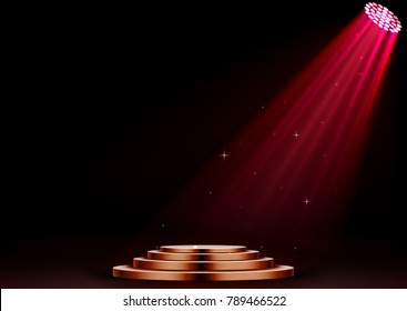 Round red podium and spotlights on dark background