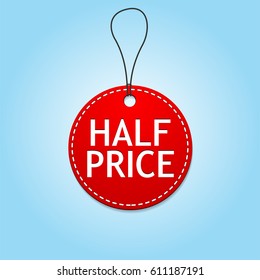 Round red price tag with half price text