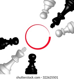 Round red rough frame with a frame of black and white peeking out of the corners of the chess pieces, two kings and four pawns. All isolated. svg