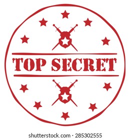 Round red rubber stamp with text top secret and stars, shield, sword symbols. Top secret stamp vector illustration