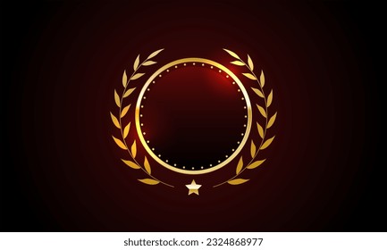 Round red shield with a golden border on the sides of a golden branch. Red background. Vector illustration.