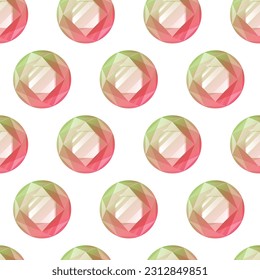 Round red shining realistic gemstone. Vector seamless pattern, cartoon precious ruby treasure.