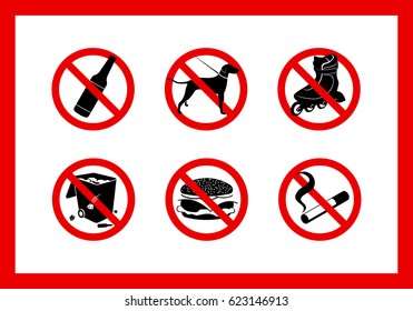Round red signs Prohibition on walking of dogs, on drinking spirits, on bringing their own food, for roller-skating, for trash, for smoking